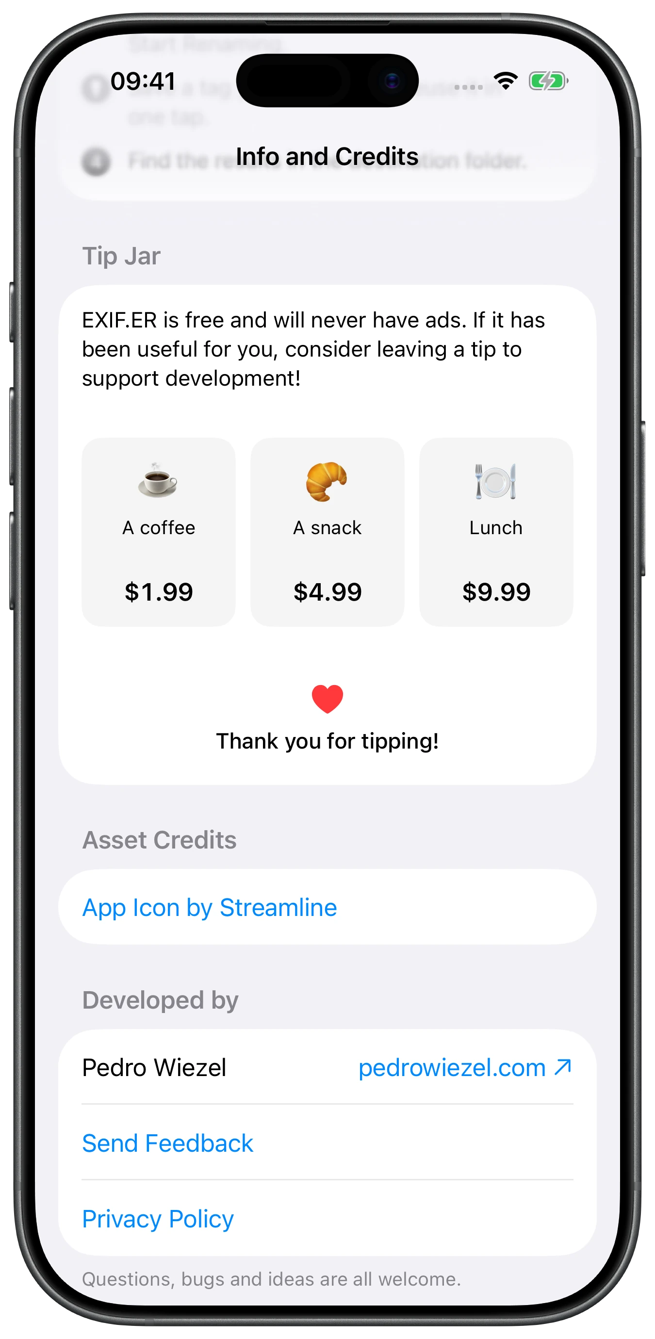 Optional tips with one thank-you heart and developer credits