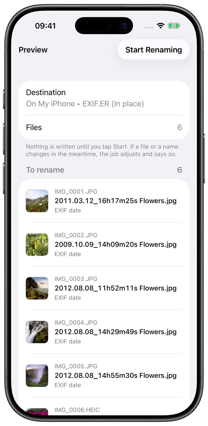 Folder preview in EXIF.ER showing original filenames beside their proposed capture-date names before processing starts.