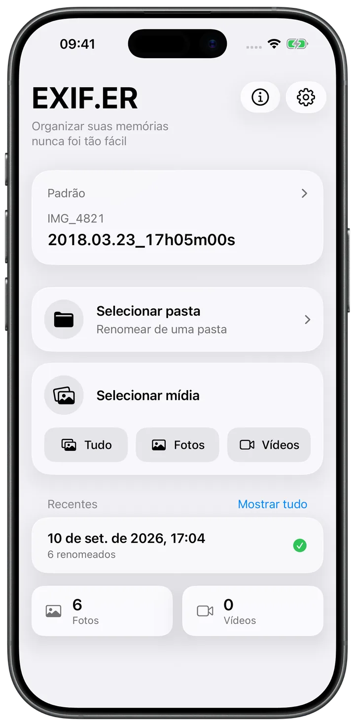 The same EXIF.ER home screen in Portuguese, with localized controls and job details.
