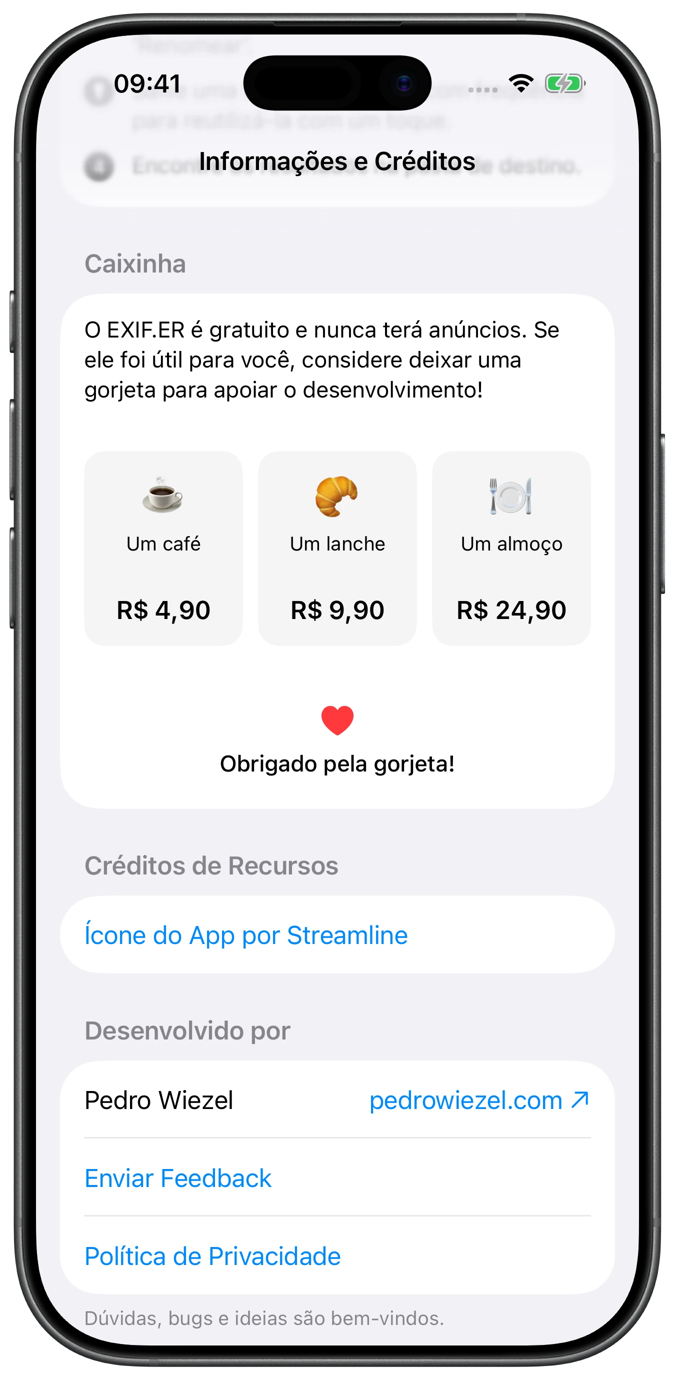 Gorjetas opcionais com um coração de agradecimento e créditos