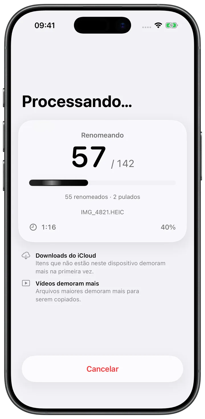 EXIF.ER processando um lote, com contagem de arquivos renomeados e ignorados e botão de cancelar.